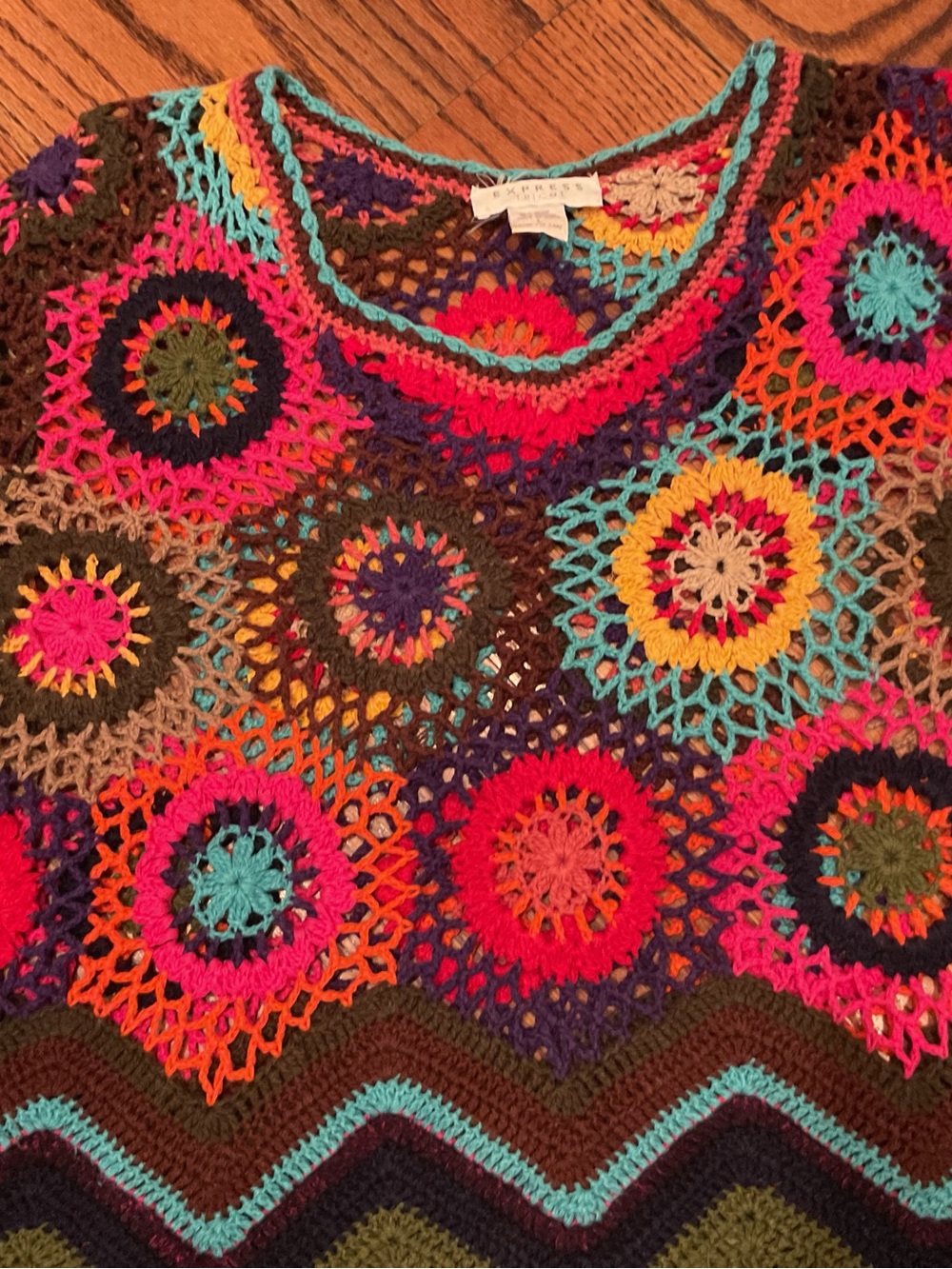 VINTAGE Crochet Multicolor Scoop-Neck Sweater TOTALLY BOHO HIPPIE